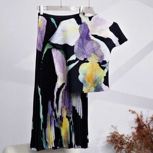 Beulah | Black and Purple Floral Pleated Skirt 2 Piece Set